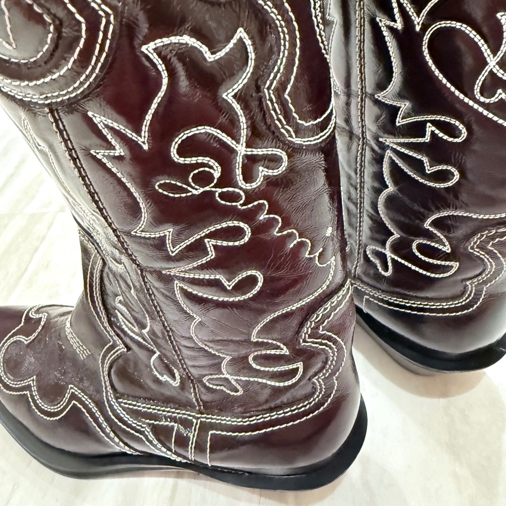 Ganni Dark Olive Egret Embroidered Western Boots Heart Stitching Size 40 - Picture 2 of 13